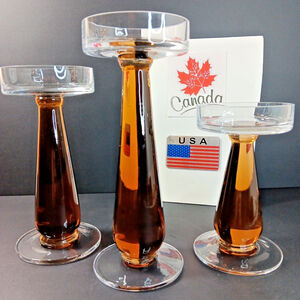 Rare Set Of 3 Vintage MCM Art Amber Glass Candle Holders Mid Century Modern WOW!